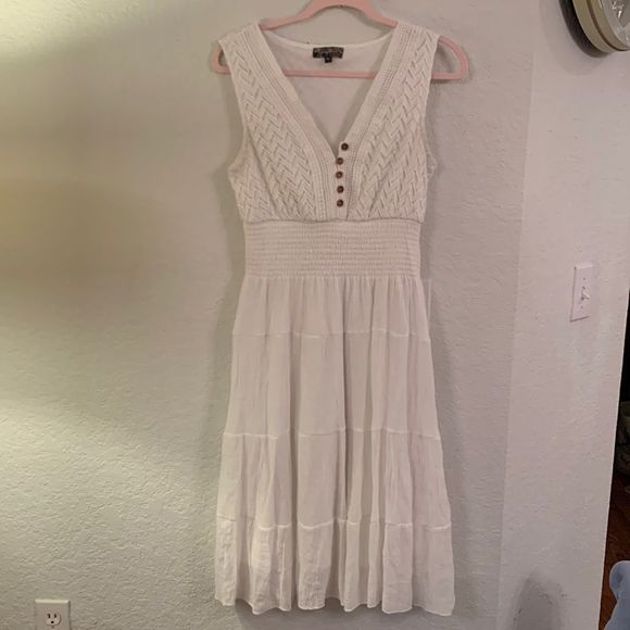 J Gee White Peasant Tiered Lace Bodice Flowy Romantic Boho Dress Size PL - Picture 1 of 12